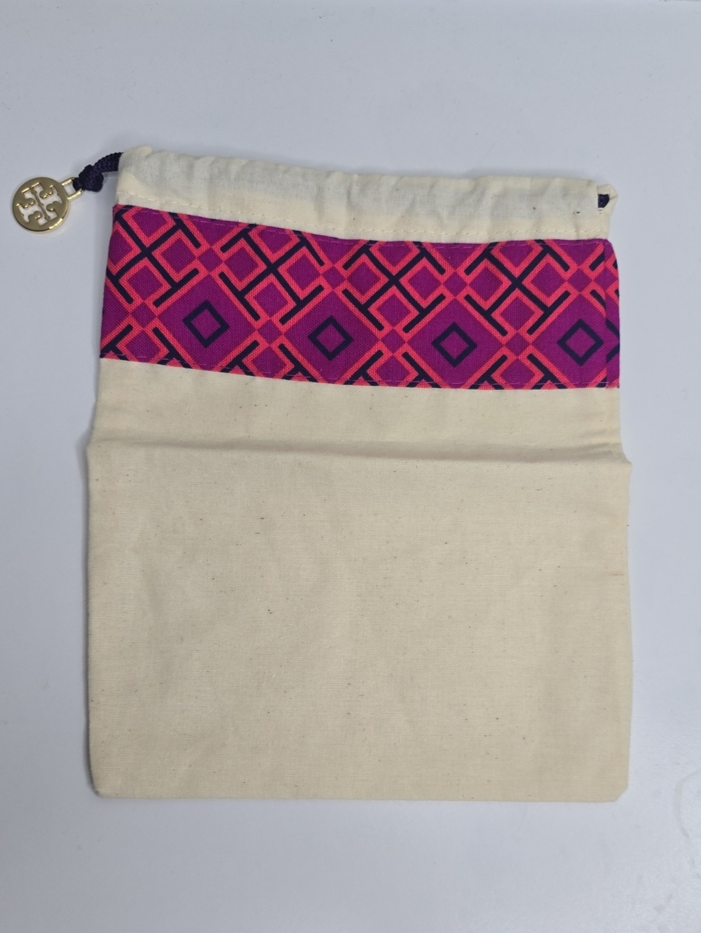 Tory Burch Cream Drawstring Pouch with Pink & Purple Geometric Trim